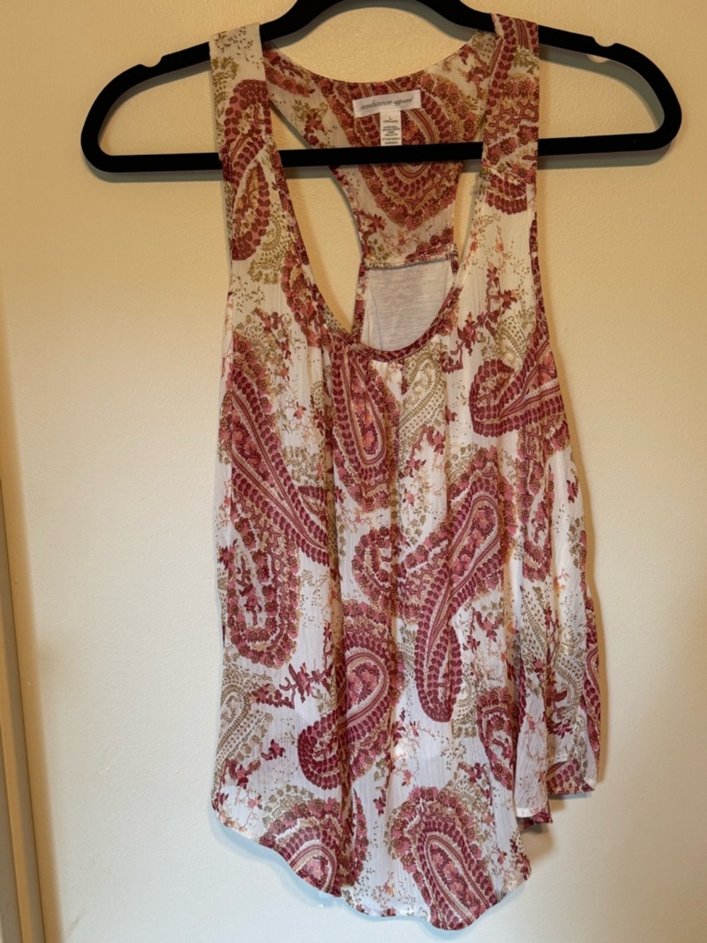 Ambience Apparel Cream Paisley Racerback Tank.